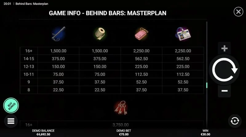 Behind Bars Masterplan - zaslon s Instant Win isplatom