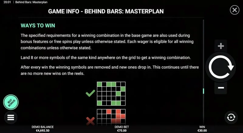 Behind Bars Masterplan - sažetak dobitnih linija i kombinacija